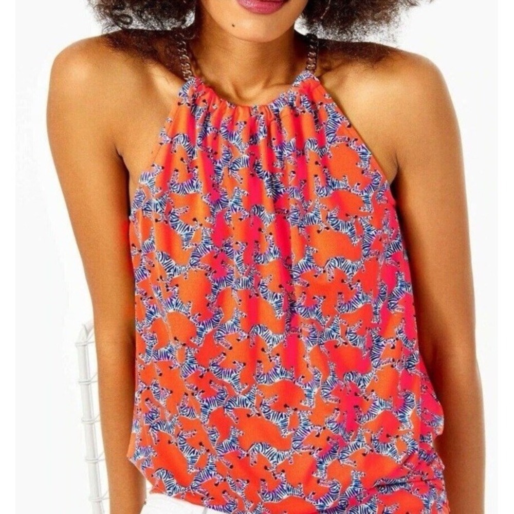 Lilly Pulitzer Bowen Halter Top Picante Coral Heebee Zeebees Orange Women's M
